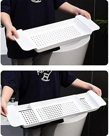 Bathtub Caddy Tray, Expandable Bath Shelf, Adjustable Size from 21.9 to 31 inches Plastic Bathtub Storage Rack, Bathtub Accessories & Bathroom Gadgets, Bath Tub Tray for Kitchen Bathroom (White)