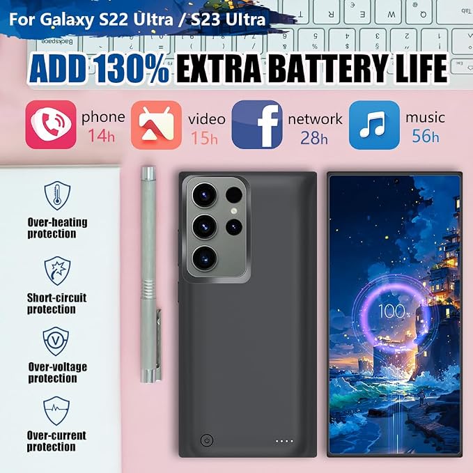 Battery Case for Samsung Galaxy S23 Ultra / S22 Ultra, 10000mAh Rechargeable Extended Battery Charging Charger Case, Add 130% Extra Juice (6.8 Inches) Black