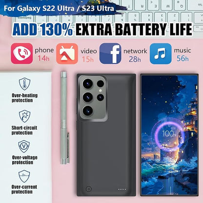 Battery Case for Samsung Galaxy S23 Ultra / S22 Ultra, 10000mAh Rechargeable Extended Battery Charging Charger Case, Add 130% Extra Juice (6.8 Inches) Black
