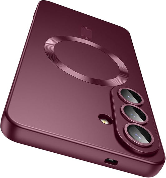 Magnetic for Samsung Galaxy S26 Case [Compatible with MagSafe][Built-in Camera Lens Protector] Slim Soft Silicone Bumper Shockproof Metallic Luster Phone Case, Burgundy