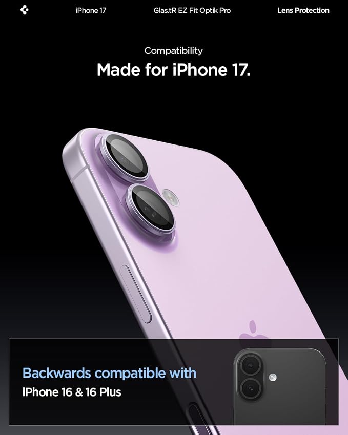 Spigen Camera Lens Screen Protector [GlasTR EZ Fit Optik Pro] Designed for iPhone 17 [Case Friendly] - Lavender [2 Pack]