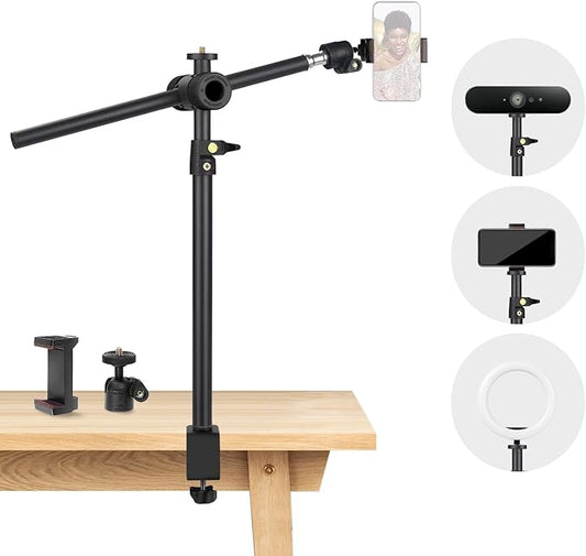 Overhead Camera Mount Desk Stand, Camera Arm Desk Mount Clamp Stand with 360°Adjustable Magic Arm, Webcam Arm Mount Stand w Ballhead Phone Mount for Desk Logitech Microphone Video Light Cell Phone