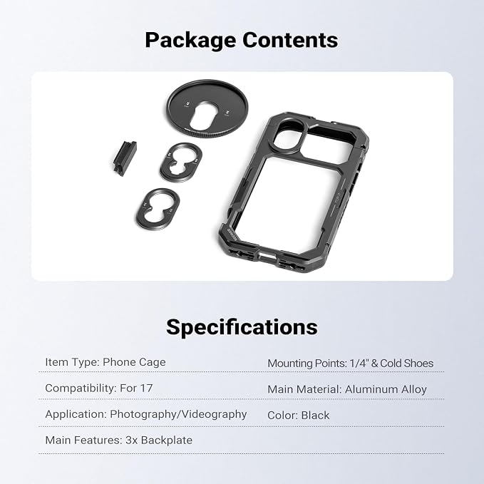 NEEWER Phone Cage Compatible with iPhone 17 Only, Quick Release Video Rig Stabilizer Accessories Kit with 67mm Filter Ring, 17mm Lens Backplate, T Mount Adapter, Camera Control Cap, PA158 (Black)