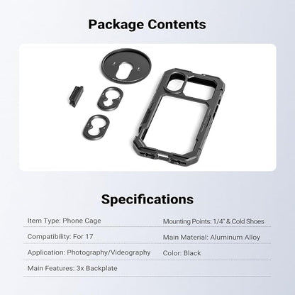 NEEWER Phone Cage Compatible with iPhone 17 Only, Quick Release Video Rig Stabilizer Accessories Kit with 67mm Filter Ring, 17mm Lens Backplate, T Mount Adapter, Camera Control Cap, PA158 (Black)