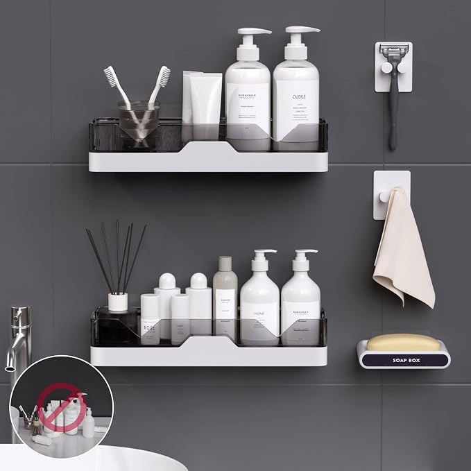 2-Pack Shower Caddy, Adhesive Shower Shelves with Soap Holder and 2 Razor hooks, No Drilling Shower Racks, Used for Bathroom and Kitchen