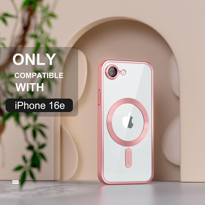Misea Magnetic for iPhone 17e / 16e Case Compatible with MagSafe [Never Yellowing] [Military Grade Drop Protection] Full Camera Lens Protector Plating Soft Clear Phone Case for Women 6.1 inch, Pink