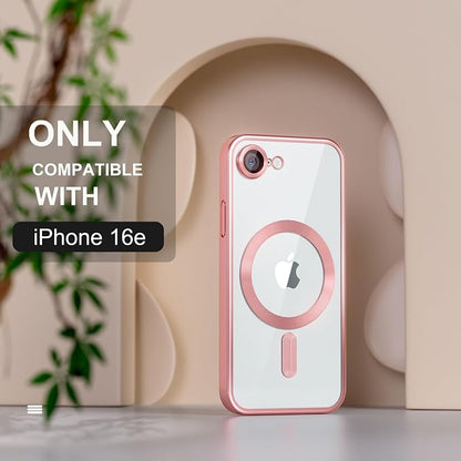 Misea Magnetic for iPhone 17e / 16e Case Compatible with MagSafe [Never Yellowing] [Military Grade Drop Protection] Full Camera Lens Protector Plating Soft Clear Phone Case for Women 6.1 inch, Pink