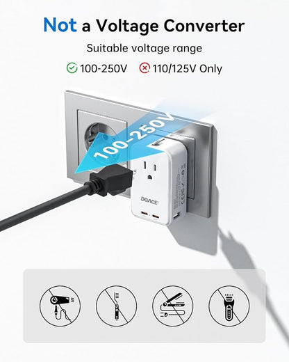 DOACE Pico 45W Travel Adapter, 5-Port Universal Power Adapter 1 AC, 2 USB C and 2 USB-A, International Plug Adaptor Worldwide for US to European UK Italy Spain New Zealand Over 200 Countries