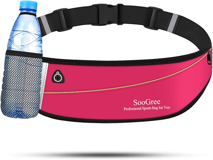 SooGree Slim Running Belt Fanny Packs for Women Men,Water Bottle Holder Hydration Fanny Pouch,Waterproof Sport Waist Pack with Reflective Strip,Runner Belt Bag for Running Cycling Camping Gym (Pink)