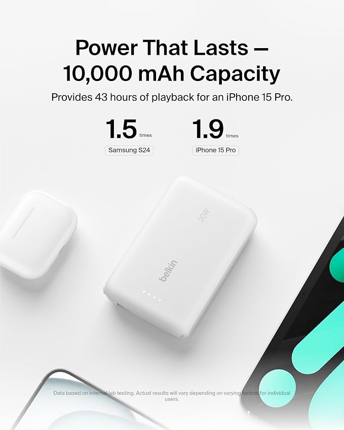 Belkin Portable Charger Power Bank USB C, 10000 mAh w/Integrated Cable, 20W Fast Charge USB-C Power Delivery, iPhone Charger, Apple iPhone 17, Air, Pro, Pro Max, iPad, Samsung Galaxy S25 - White