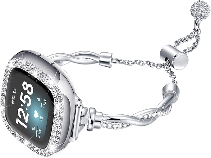 Bling Band Compatible with Fitbit Versa 4/Sense, Fitbit Versa 3/ Sense 2, Double Twist Metal Bangle Bracelet with Rhinestones for (Fitbit Versa 3/Sense, Silver)
