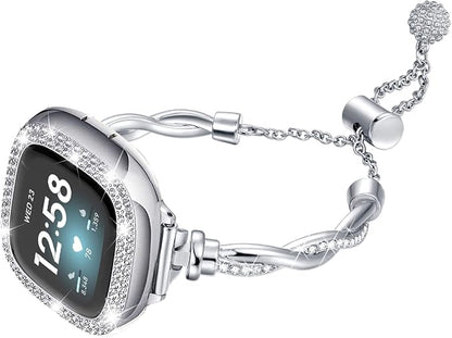 Bling Band Compatible with Fitbit Versa 4/Sense, Fitbit Versa 3/ Sense 2, Double Twist Metal Bangle Bracelet with Rhinestones for (Fitbit Versa 3/Sense, Silver)