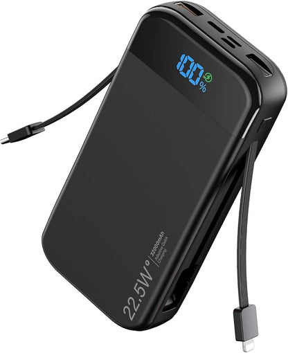 Portable Charger Power Bank Built-in Cables, 32000mAh 22.5W USB C Fast Charging, 5 Outputs 3 Inputs Travel Essentials Battery Pack Compatible with iPhone, iPad, Samsung, Google Pixel, Black