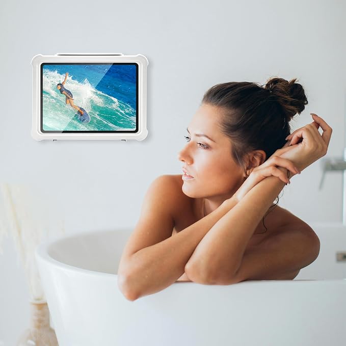 Shower Tablet Holder with HD&Touchable Screen, Anti-Fog Waterproof iPad Shower Mount, 2 Placement Modes, Compatible with iPad iPhone Tablet Under 11 in,White