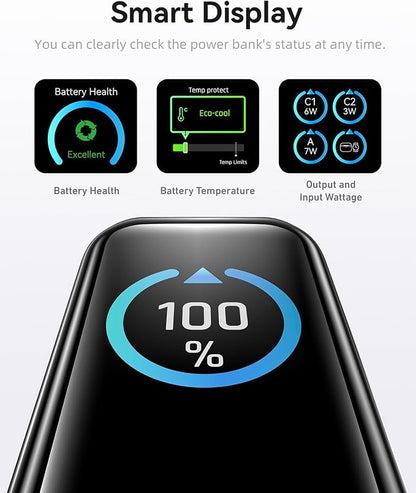 MOKiN Portable Charger 10000mAh, 45W PD Fast Charging Power Bank with Built-in Retractable USB-C Cable, Smart Display Mini Battery Pack, Pocket Portable Charger for iPhone 17/16/15, Samsung, iPad