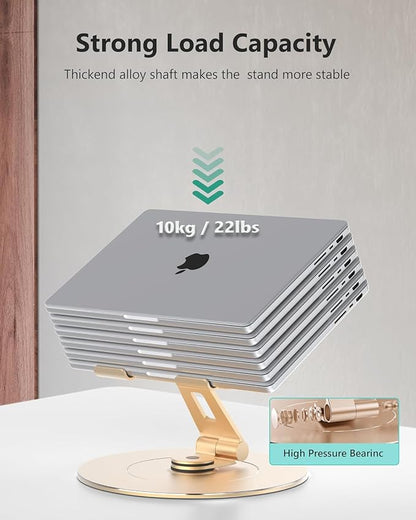 Ultra-Stable Aluminumy Laptop Stand for Desk with Foldable Phone Holder, 300% Large Base Stability, Anti-Loosening, Lectern Stand Suitable for 10"-17.3" Laptops, Champagne Golden