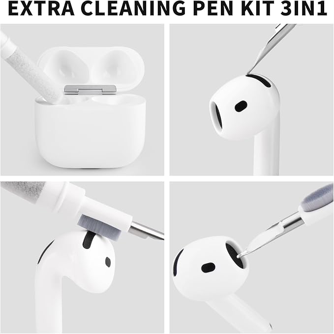 Cleaner Kit for Airpods Pro 1 2 3, 3-in-1 Multi-Function Cleaning Pen Tools Soft Brush Flocking Sponge & Metal Tip for Earbuds, Wireless Earphones, iPhone, Camera, Lens, Bluetooth Headphones (White)