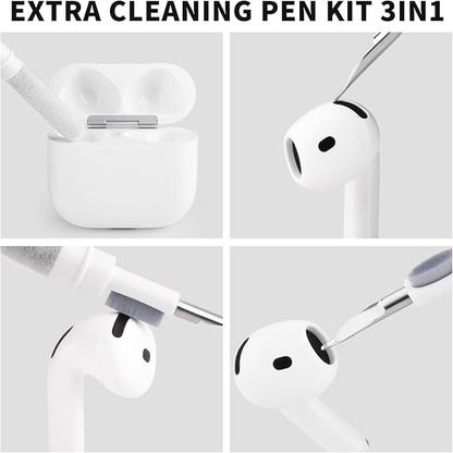 Cleaner Kit for Airpods Pro 1 2 3, 3-in-1 Multi-Function Cleaning Pen Tools Soft Brush Flocking Sponge & Metal Tip for Earbuds, Wireless Earphones, iPhone, Camera, Lens, Bluetooth Headphones (White)