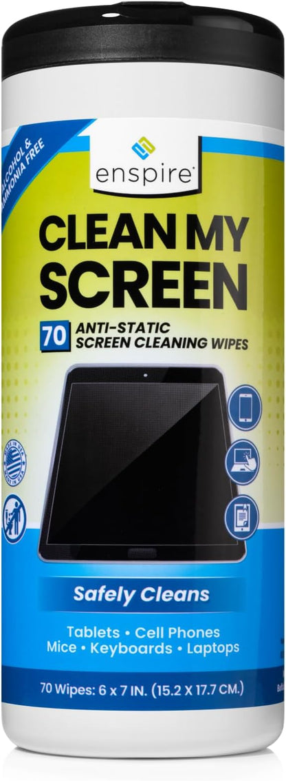enspire® CLEAN MY SCREEN; Anti-Static Screen and Electronics Cleaning Wipes; 70 Count Tub; 905105