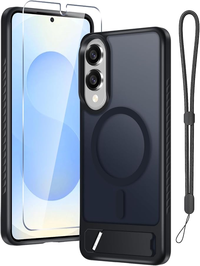 RMOCR for Samsung Galaxy S25 Edge Case with Screen Protector+Lanyard Wrist Strap,Magnetic Translucent Matte Rugged Slim Phone Cover Built in Invisible Kickstand [Fit for MagSafe],2025 Black