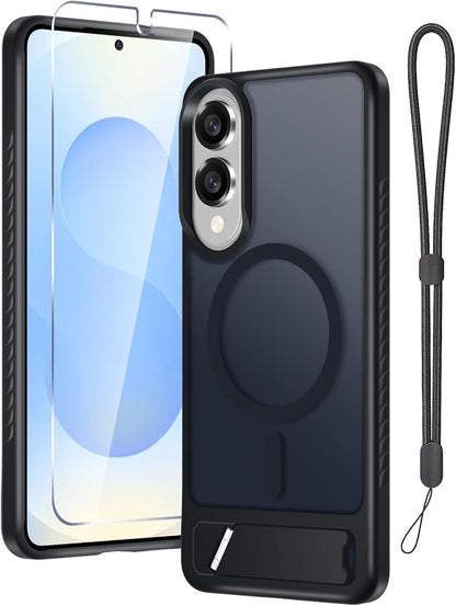 RMOCR for Samsung Galaxy S25 Edge Case with Screen Protector+Lanyard Wrist Strap,Magnetic Translucent Matte Rugged Slim Phone Cover Built in Invisible Kickstand [Fit for MagSafe],2025 Black