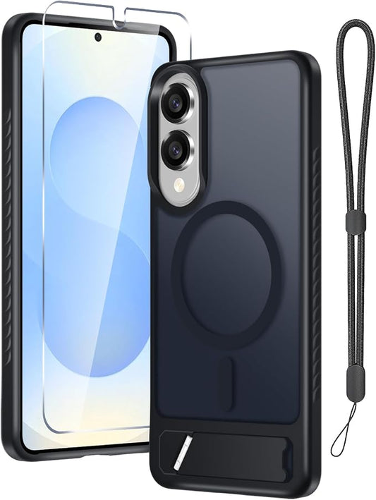 RMOCR for Samsung Galaxy S25 Edge Case with Screen Protector+Lanyard Wrist Strap,Magnetic Translucent Matte Rugged Slim Phone Cover Built in Invisible Kickstand [Fit for MagSafe],2025 Black