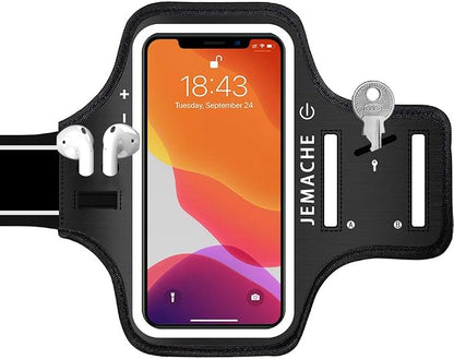 iPhone 17 16 15 Pro Max Armband with Earphone Holder, JEMACHE Gym Running Workouts Arm Band for iPhone Air, 17 16 15 14 13 12 Pro Max/Plus (Dark)