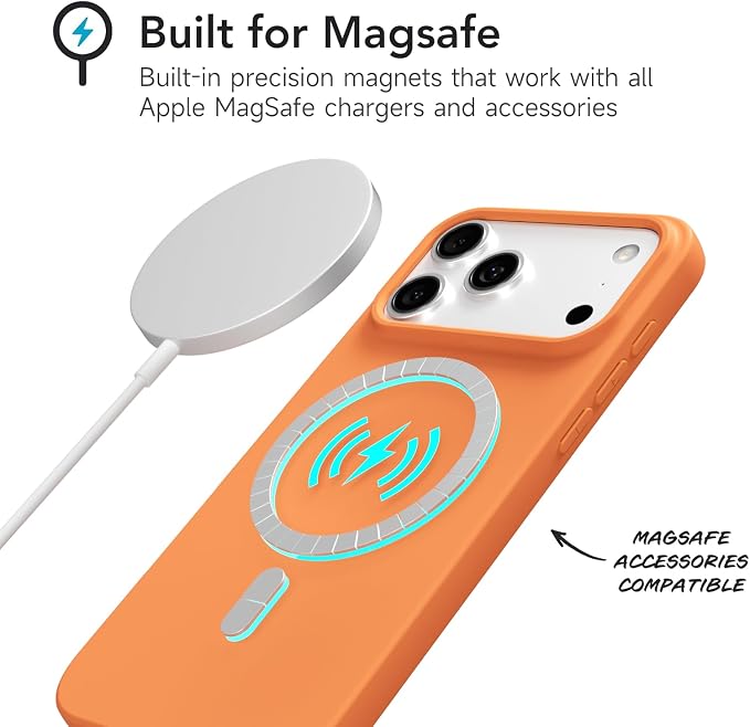 for iPhone 17 Pro Max Case Silicone Compatible with Magsafe Case, Ultra Slim Thin Magnetic Phone Cases Mag Safe, Cute Soft Rubber Gel Matte Plain Wireless Charging Cover for Women, Neon Orange