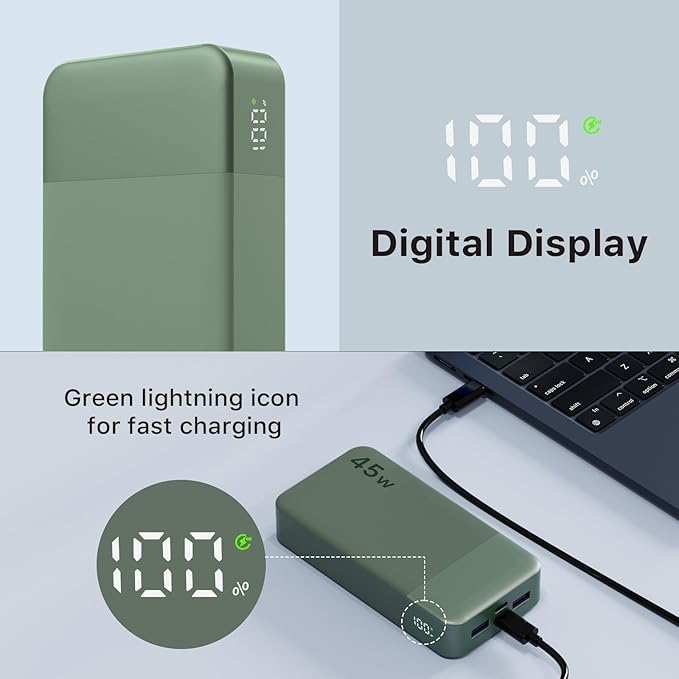 NOBIS Portable Charger 45W 20000mAh Power Bank Fast Charging | 2C+2A Battery Pack with C to C Cable, Battery Bank with Digital Display for iPhone Android Laptop etc