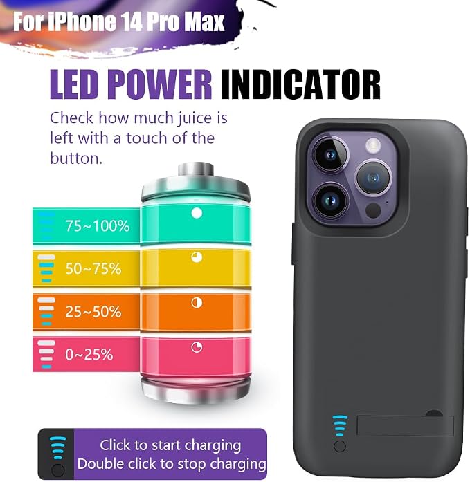 Battery Case for iPhone 14 Pro Max, 6000mAh Rechargeable Extended Battery Charging/Charger Case, Add 100% Extra Juice (6.7 Inches) Black