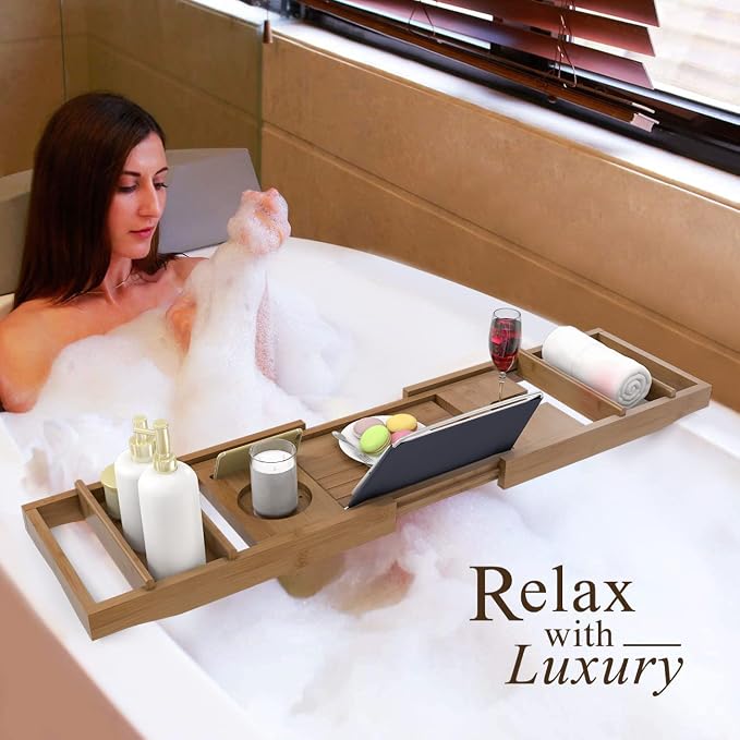 Domax Bathtub Caddy Tray Expandable Bamboo Bath Tub Tray for Luxury Bath with Book Holder Free Soap Dish Brown