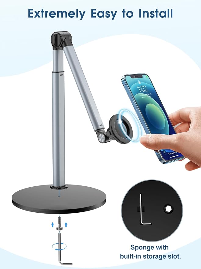 Heavy Duty Aluminum Overhead Phone Stand for Recording, Adjustable iPhone Tripod for Overhead Shots, Sturdy Stand for Cooking, Filming, Painting, with Extension Rods & Clip – Perfect for Creators(Mix)