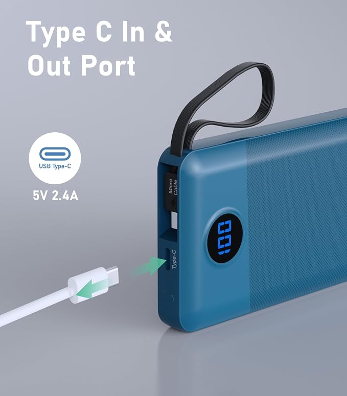 Portable Charger with Built in Cables, Slim 10000mAh Power Bank, USB C Battery Pack Travel, 4 Output 2 Input External Charging Bank for iPhone 17/16/15/14/13,Samsung, Android, etc-Blue(1 Pack)