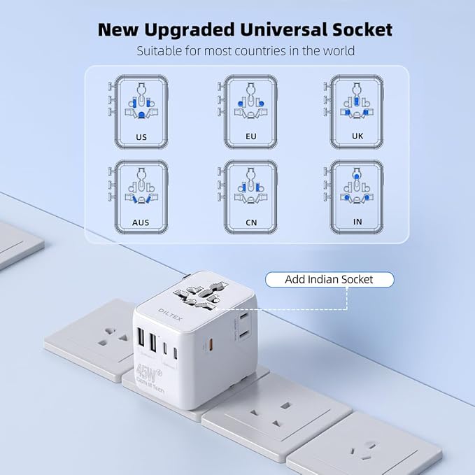 45W Universal Travel Adapter with Multi USB-A & C Ports - All in One Travel Adapter for Charging in Hotels Airports & Cruises- Plug Adapter Safe for Phones & Cameras- Reliable Choice for Daily Travel