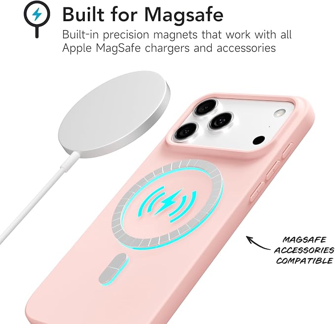 for iPhone 17 Pro Max Case Silicone Compatible with Magsafe Case, Ultra Slim Thin Magnetic Phone Cases Mag Safe, Cute Soft Rubber Gel Matte Plain Wireless Charging Cover for Women, Light Pink