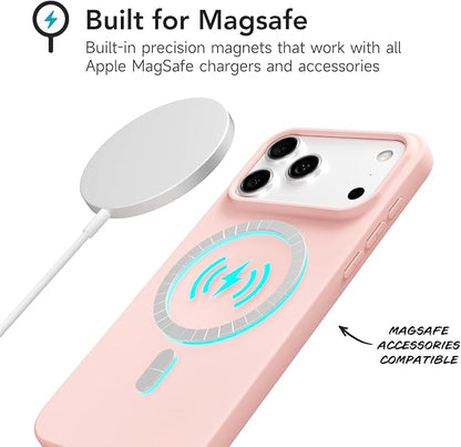 for iPhone 17 Pro Case Silicone Compatible with Magsafe Case, Ultra Slim Thin Magnetic Phone Cases Mag Safe, Cute Soft Rubber Gel TPU Matte Plain Wireless Charging Cover for Women, Light Pink