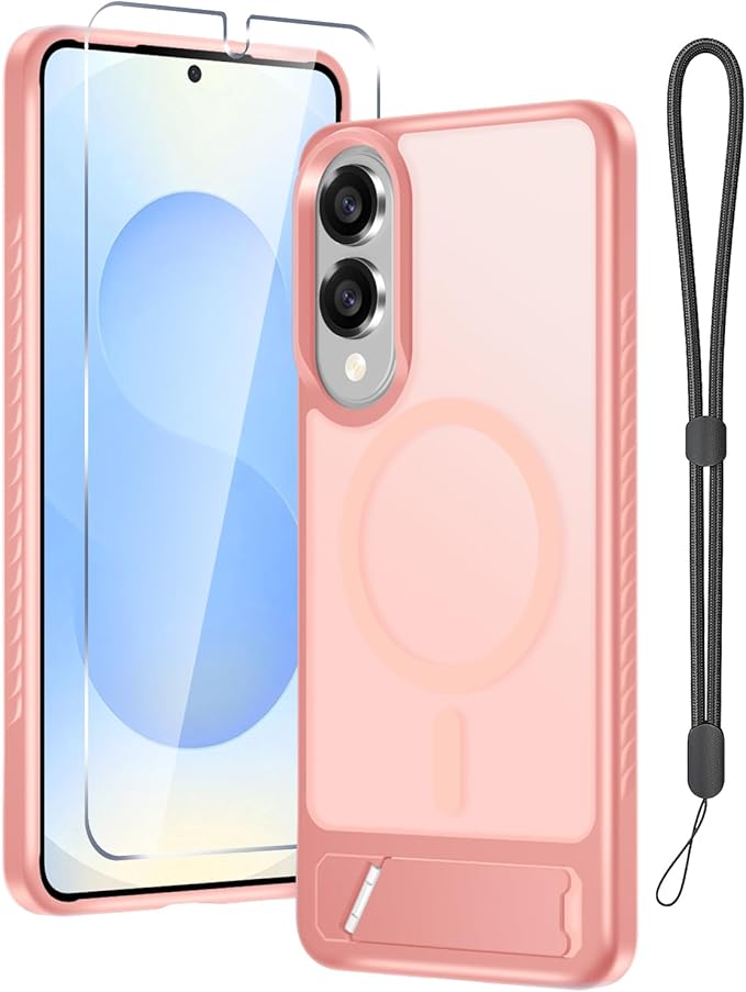 RMOCR for Samsung Galaxy S25 Edge Case with Screen Protector+Lanyard Wrist Strap,Magnetic Translucent Matte Rugged Slim Phone Cover Built in Invisible Kickstand [Fit for MagSafe],2025 Cute Pink