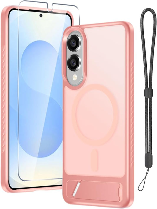 RMOCR for Samsung Galaxy S25 Edge Case with Screen Protector+Lanyard Wrist Strap,Magnetic Translucent Matte Rugged Slim Phone Cover Built in Invisible Kickstand [Fit for MagSafe],2025 Cute Pink