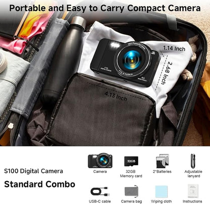 Digital Camera, 4K WiFi 75MP Compact Camera with Touchscreen 16X Zoom, Autofocus Vlogging Travel Camera, 32GB SD Card for Teens Boys Girls Beginners (Black)