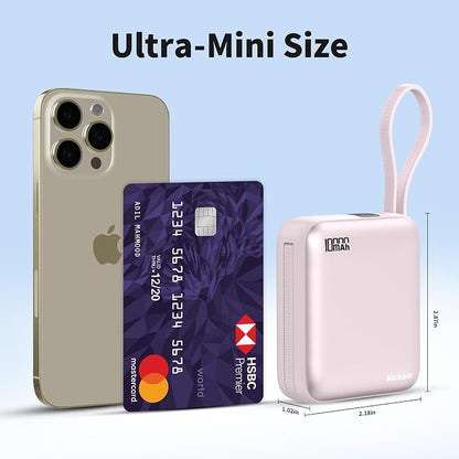 10000mAh Small Portable Charger with Built in Cables LED Display Pink | Mini Power Bank 22.5W USB-C Fast Charging Battery Pack, Travel Essential Power Bank for iPhone, iPad, Samsung, Android