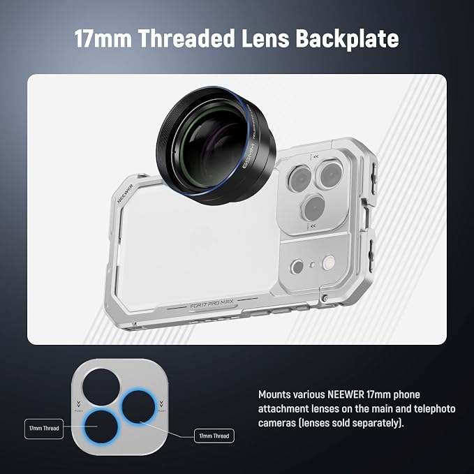 NEEWER Phone Cage Compatible with iPhone 17 Pro, Quick Release Video Rig Stabilizer Accessories with 67mm Filter Ring, 17mm Lens Backplate, T Mount Adapter, 4X Camera Control Cap, PA143 (Silver)