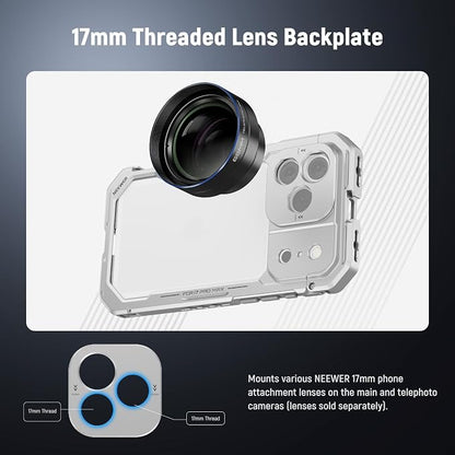NEEWER Phone Cage Compatible with iPhone 17 Pro, Quick Release Video Rig Stabilizer Accessories with 67mm Filter Ring, 17mm Lens Backplate, T Mount Adapter, 4X Camera Control Cap, PA143 (Silver)