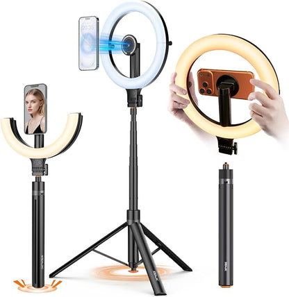 10.2" Magnetic Ring Light with 64" Tripod for iPhone Mag Safe, 5000mAh Rechargeable Ring Light with Stand, 3000k-6500K Phone Tripod with Light for Video, Photography, Live Stream, TikTok, YouTube
