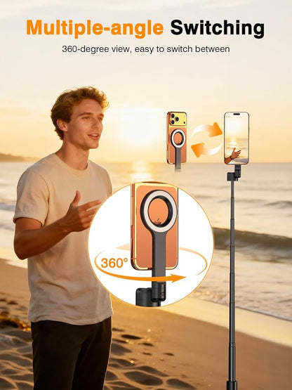 for Mag Safe Tripod for iPhone, 360° Rotating Head for Front & Rear Shooting, 65” Selfie Stick for iPhone Android with Remote & Metal Ring, Magnetic Phone Tripod Stand for Video Recording Travel