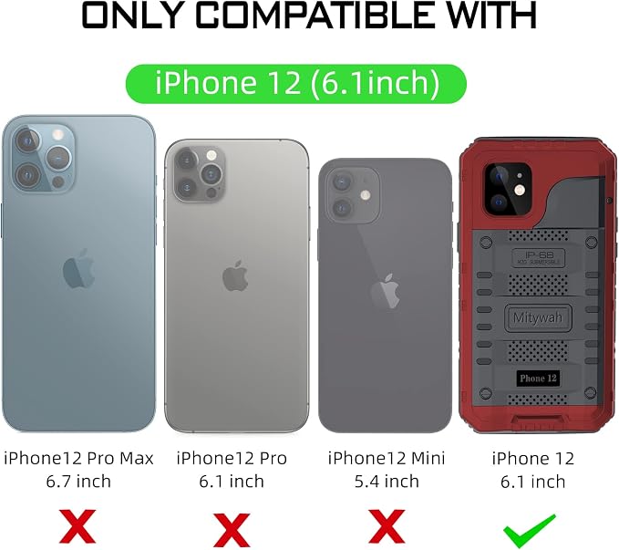 Mitywah Waterproof Case for iPhone 12, Heavy Duty Shockproof Case with Built-in Screen Protector, Full Body Underwater Protective Metal Case 6.1 inch, Red