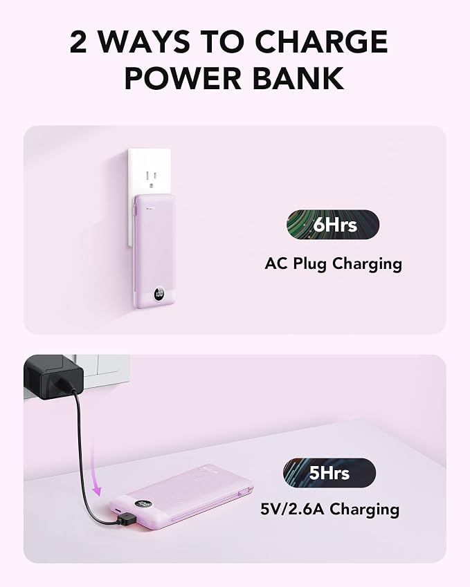 VRURC Portable Charger, Power Bank Built-in Cables and AC Wall Plug | USB C Power Bank 10000mAh Travel Essentials Phone Charger Compact External Battery Pack For Smart Phones, Tablets etc-Purple