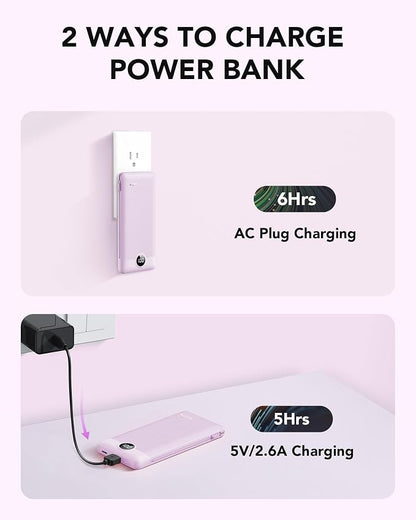 VRURC Portable Charger, Power Bank Built-in Cables and AC Wall Plug | USB C Power Bank 10000mAh Travel Essentials Phone Charger Compact External Battery Pack For Smart Phones, Tablets etc-Purple