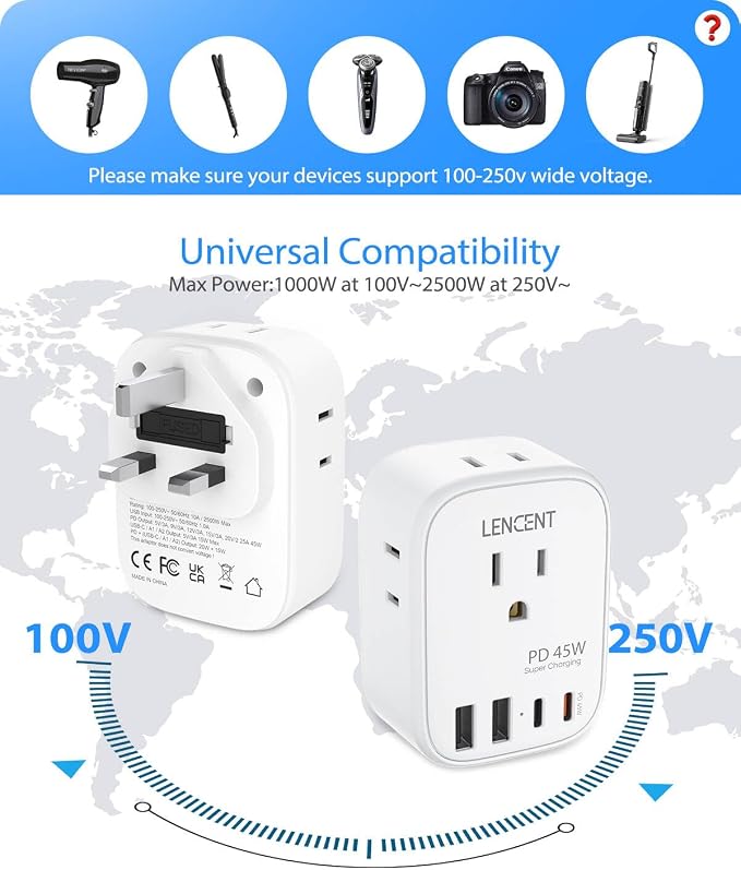 LENCENT US to UK Ireland Travel Plug Adapter, PD45W Grounded Type G Adapter | Travel Adapter with 4 Outlets 4 USB Ports(2 USB C), Power Plug for US to Dubai Scotland British London England Singapore