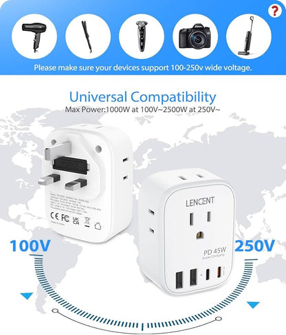 LENCENT US to UK Ireland Travel Plug Adapter, PD45W Grounded Type G Adapter | Travel Adapter with 4 Outlets 4 USB Ports(2 USB C), Power Plug for US to Dubai Scotland British London England Singapore