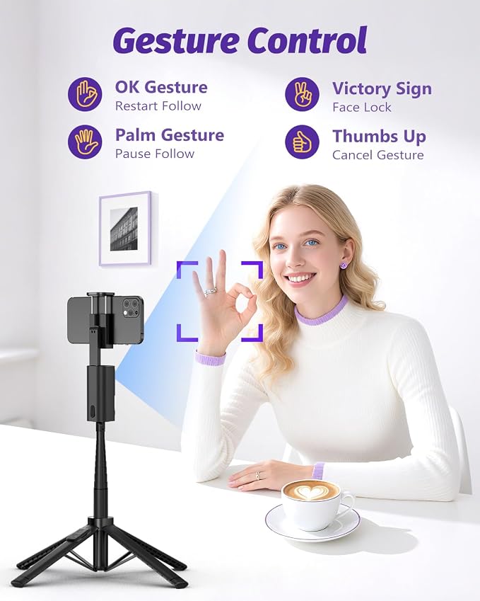 Auto Face Tracking Tripod 360 Rotation with Light, Phone Tripod Stand with Remote Follow Your Movement, for Android Phone Selfie Stick for Content Creators Vlog (Black)